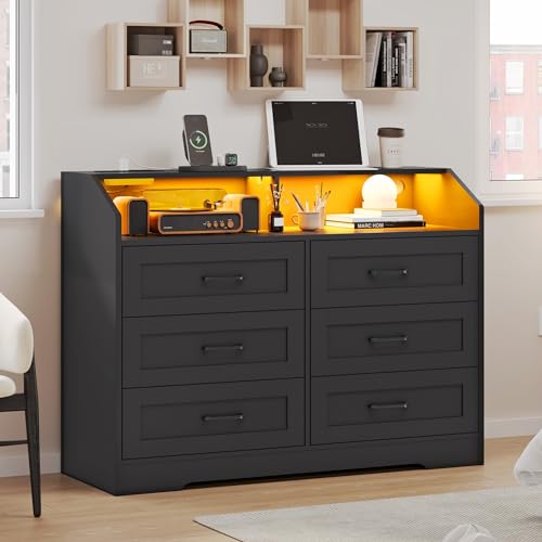 DICTAC LED Dresser for Bedroom, 6 Drawer Dresser with Charging Station, Chest of Drawers with Storage Cubby, Storage Organizer Unit for Bedroom, Closet, Living Room, White