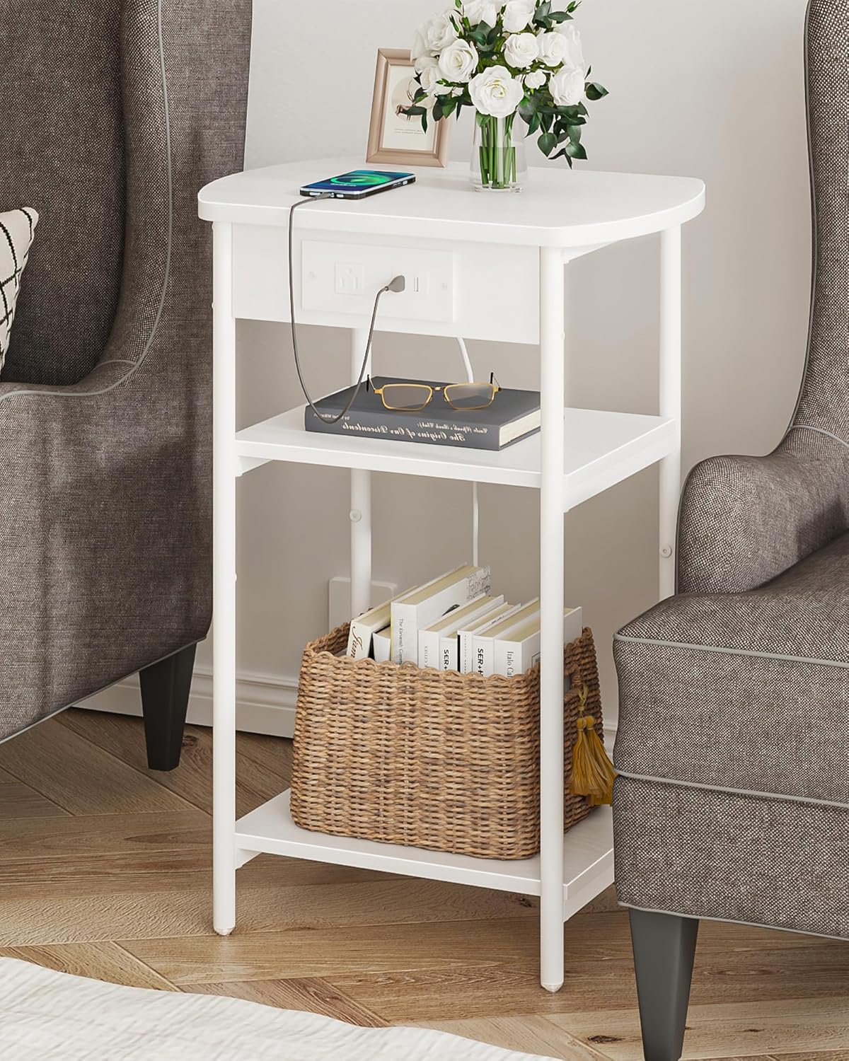 End Tables with Charging Station ET15203W, Printer Stand with Charging Station