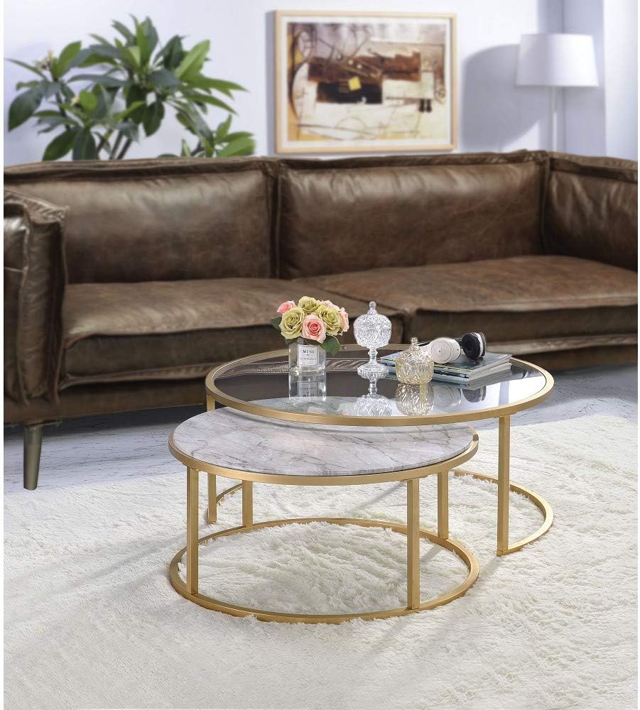 Knocbel Modern Nesting Coffee Table Set of 2 for Living Room, Faux Marble & Clear Glass Top, Metal Frame, Gold Finish (Faux Marble and Gold)