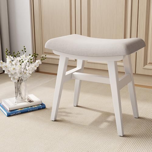 Solid Wood Vanity Stool, Saddle Cushion Vanity Bench with High-strength Rebound Sponge, Easily Assembly, Vanity Chair, Foot Stool, Makeup Stool for Bedroom, Entryway(White)