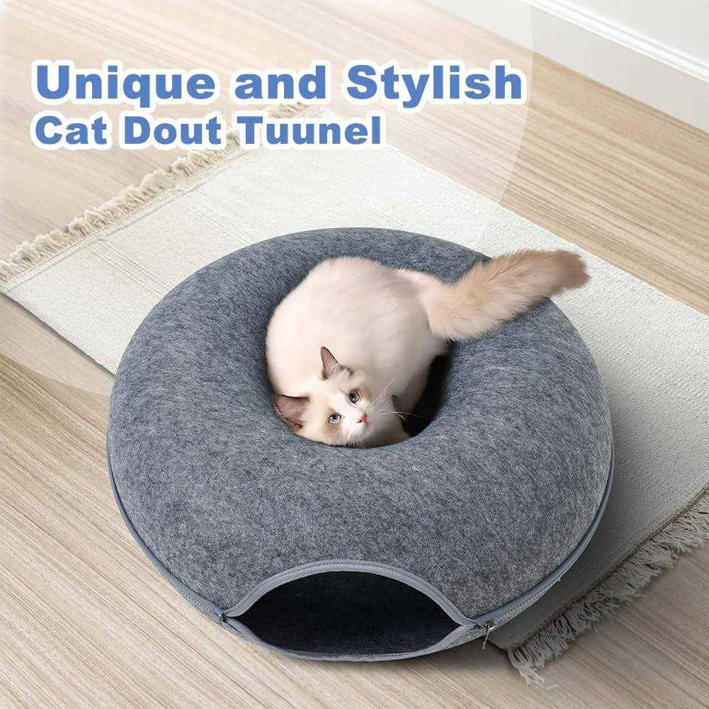 Cat Cave for Indoor Cats Large Cat Donut Cat Tunnel Bed Peekaboo Cat Cave with 3 Toys - Pet Supplies online store