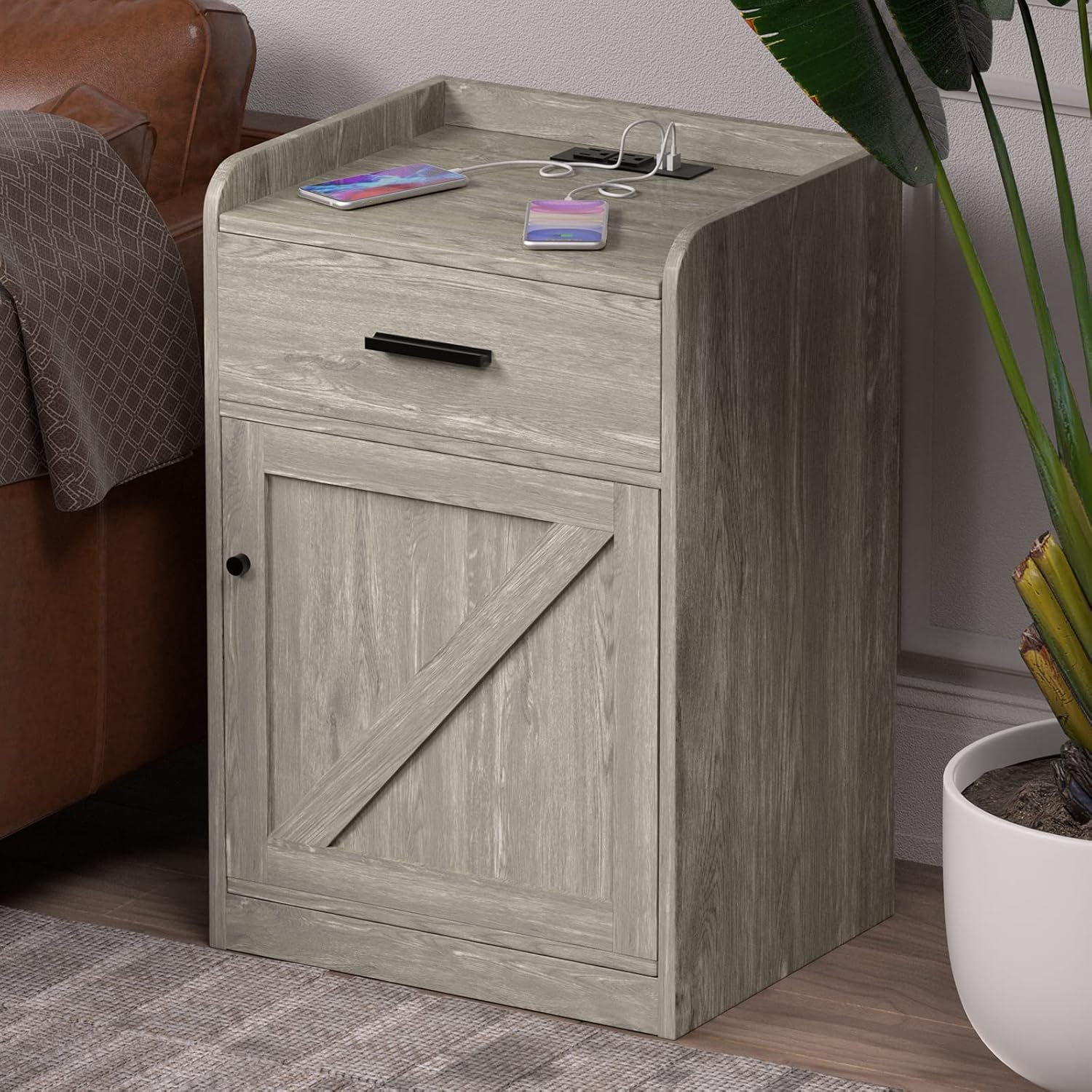 Modern Farmhouse Night Stand with Charging Station, Bed Bedside Tables Bedroom set of 2, Wood Nightstand with Storage Drawer for Bedroom Living Room Sofa Home Office-Walnut