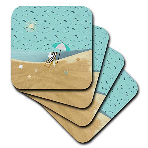 Set of 4 Coasters - Soft - Image of Seagull on Beach Chair, Cool Drink, Sand, Shell, and Ocean at The Beach