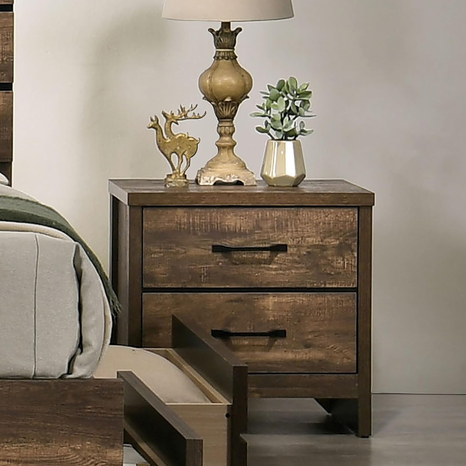 Furniture of America Unseen Modern Wood 2-Drawer Nightstand, Bedside Table with USB Port and Full-Extension Side Glides for Bedroom, Living Room, Light Walnut Brown