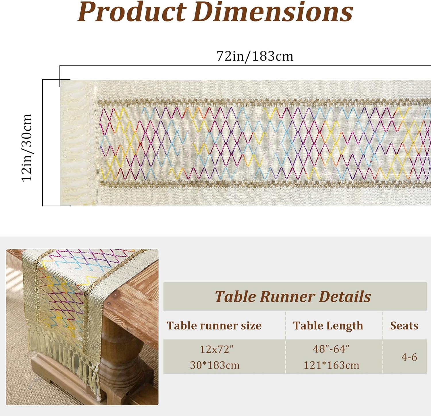 OSVINO Table Runner for Home Decor 72 Inches Boho Handmade Tassels Table Runners Natural Cotton Woven Runner for Holiday Party Bridal Shower Wedding Dining Decorations