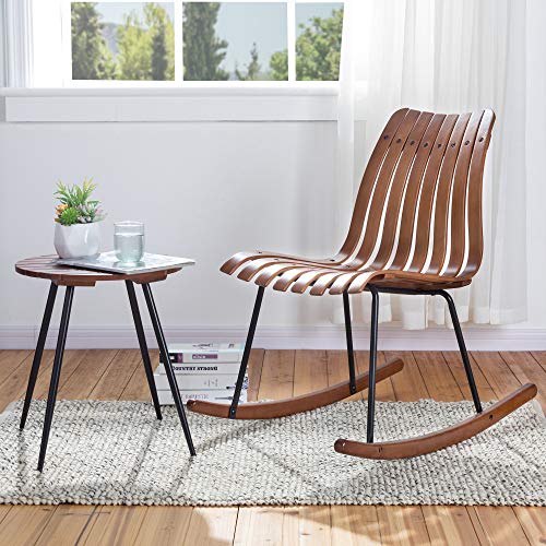 Glitzhome Accent Side Table Bamboo End Desk Slatted Round Top with Metal Tapered Legs, Natural