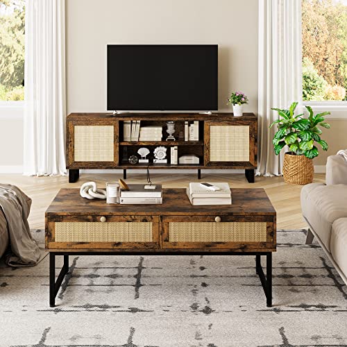 Rattan Coffee Table with Storage, Mid Century Modern Rectangle Center Table with 2 Drawers & Metal Frame, Accent Table for Living Room, Apartment, Brown