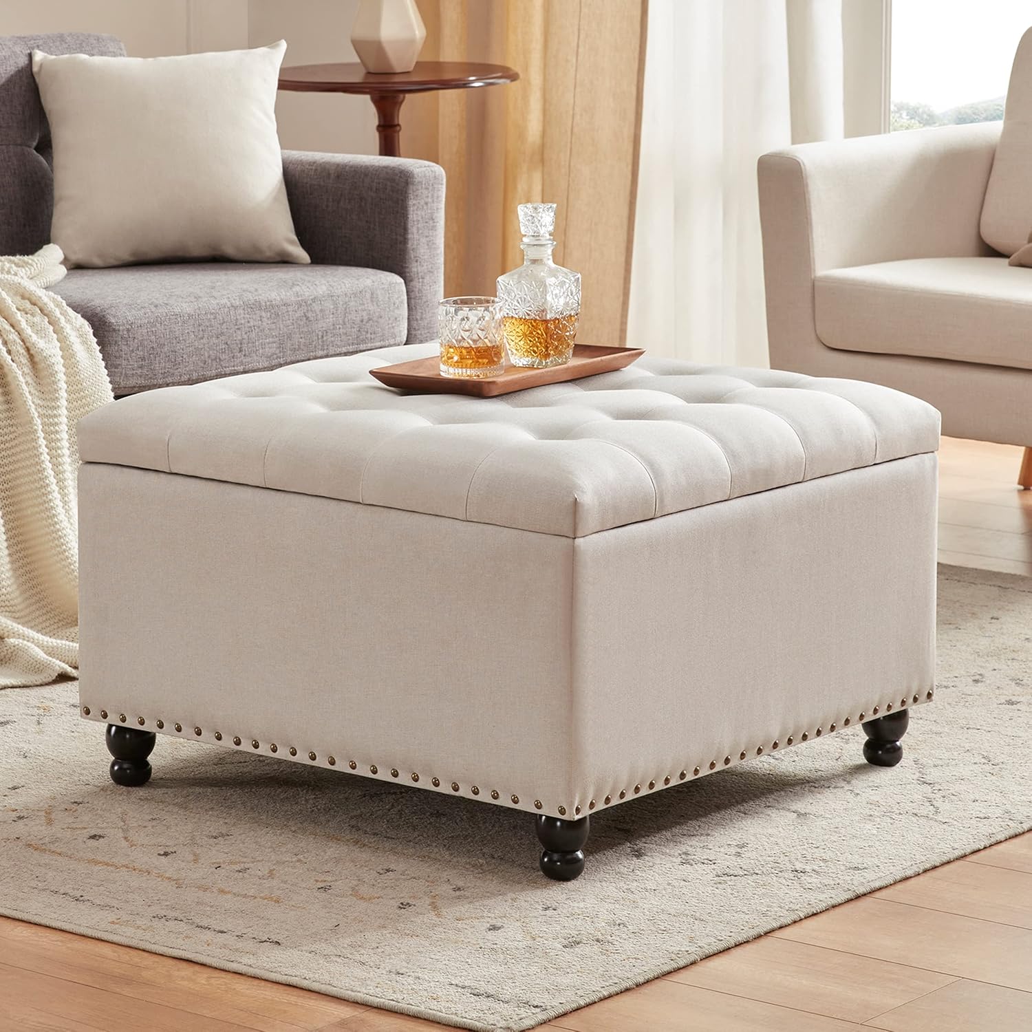 Large Square Tufted Upholstered Ottoman Bench and Coffee Table with Storage, Oversized Footrest for Living Room, Beige