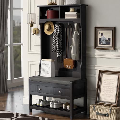 3-in-1 Hall Tree,Hall Tree with Bench and Shoe Storage,Hall Tree with Flip-Up Bench and Adjustable Shelves,Entryway Furniture with Hooks,for Entryway Hallway Mudroom Living room(White)