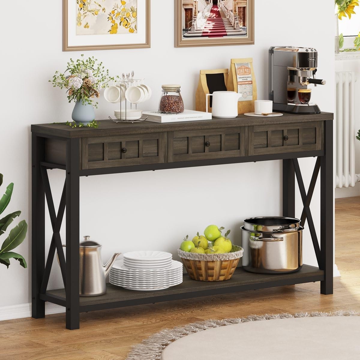 FATORRI Console Table and 6 Cube Storage Organizer (Walnut Brown)