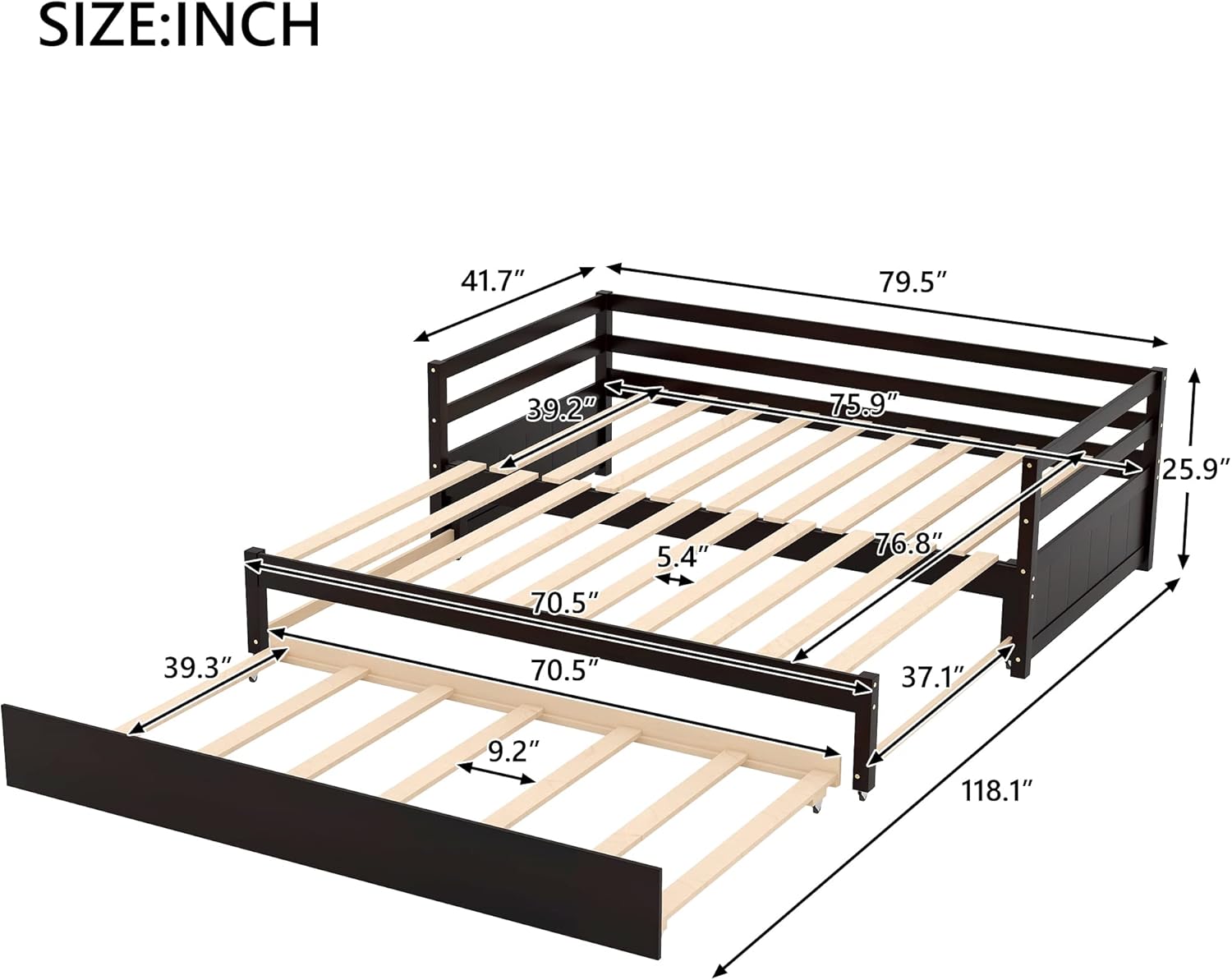 Merax Twin or Double Twin Daybed with Trundle,Pine Wood Slat Support，Espresso