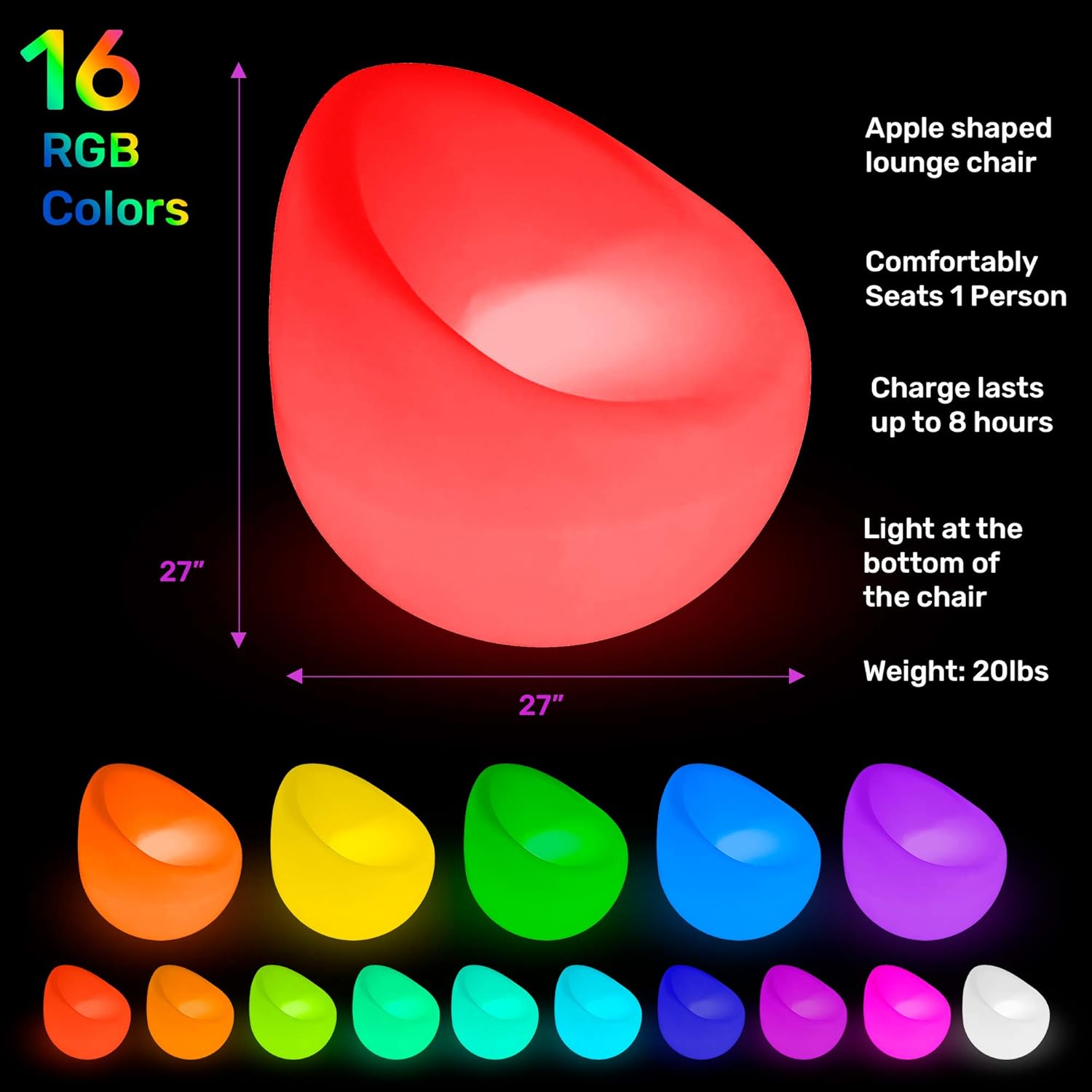 LED Illuminated Lounge Chair for Parties | 16RGB Color Changing Lighted Apple Shaped Indoor Outdoor Party Event Décor Seat with Remote Control