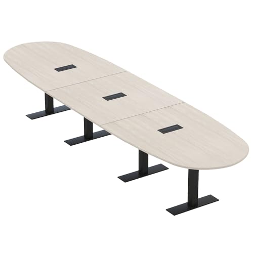 14 Person Large Conference Table with Metal T Bases and Power and Data Units | Modular Oval Boat Shaped Table | Harmony Series | 14' Blonde Surfside Ash with Matte Black Base