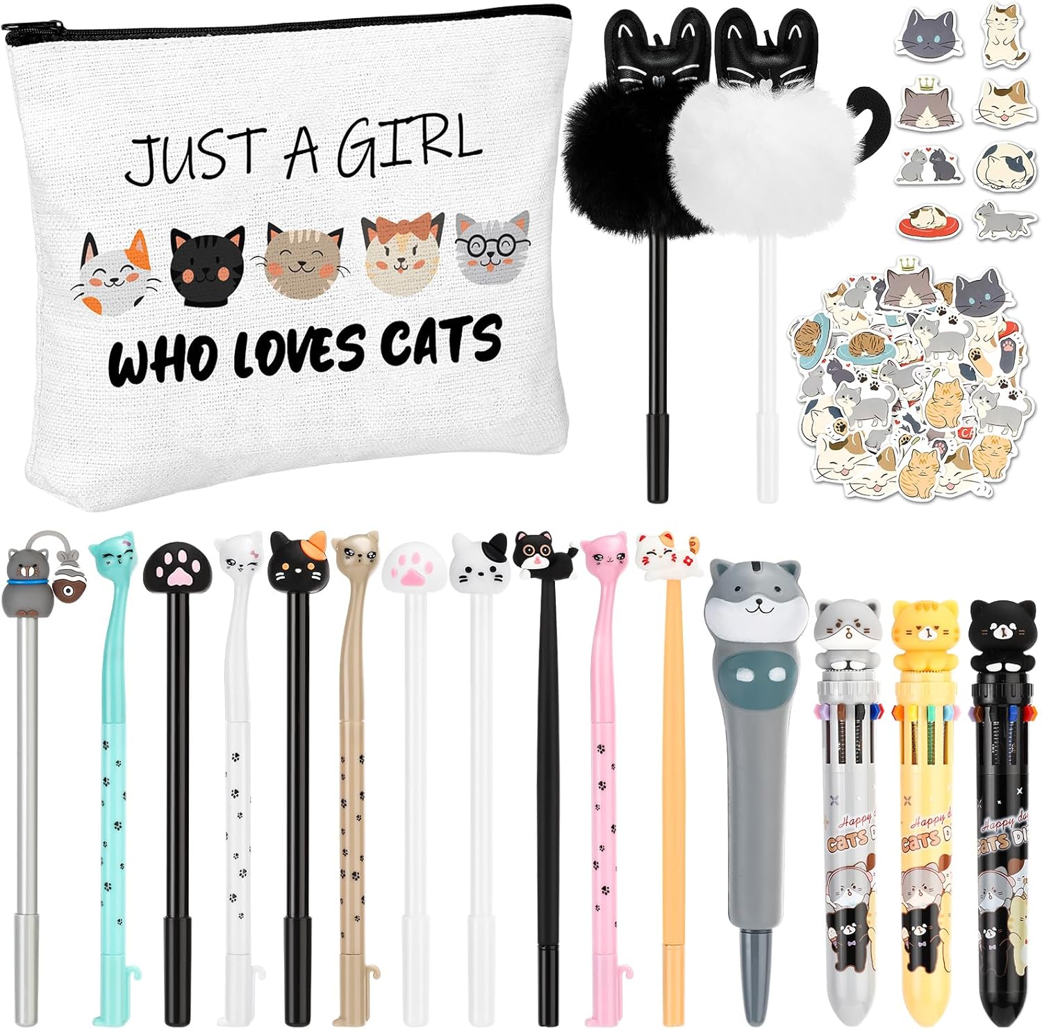 63 Pcs Cute Cat Stationery Set includes 17 Pcs Kawaii Cat Gel Pens 1 Pcs Cat Pen Bag Cat Lover Travel Cosmetic Bag 45 Pcs Cat Stickers Cute Cat Themed Gifts for Girls Boys
