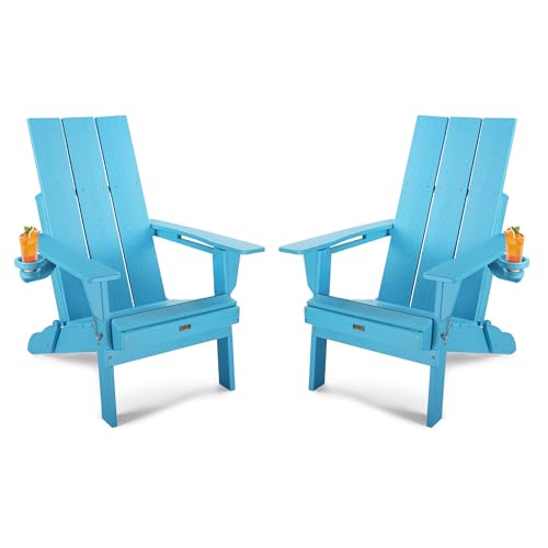 Modern Adirondack Chair, Oversized HDPE Folding Adirondack Chair Wood Texture, Higher Back All Weather Plastic Outdoor Chair with Cup Holder, Firepit Chairs for Patio,Garden (Light Blue)