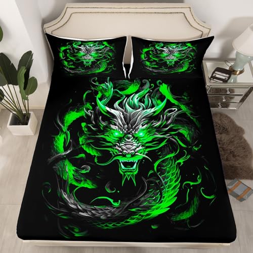 3D Dragon Fitted Sheet Full Size,Neon Green Flame Dragon Bed Sheets for Kids Boys Men Adult Bedroom Decor,Wildlife Animals Bedding Set Cool Magical Black Deep Pocket Sheet 3Pcs,2 Pillowcases