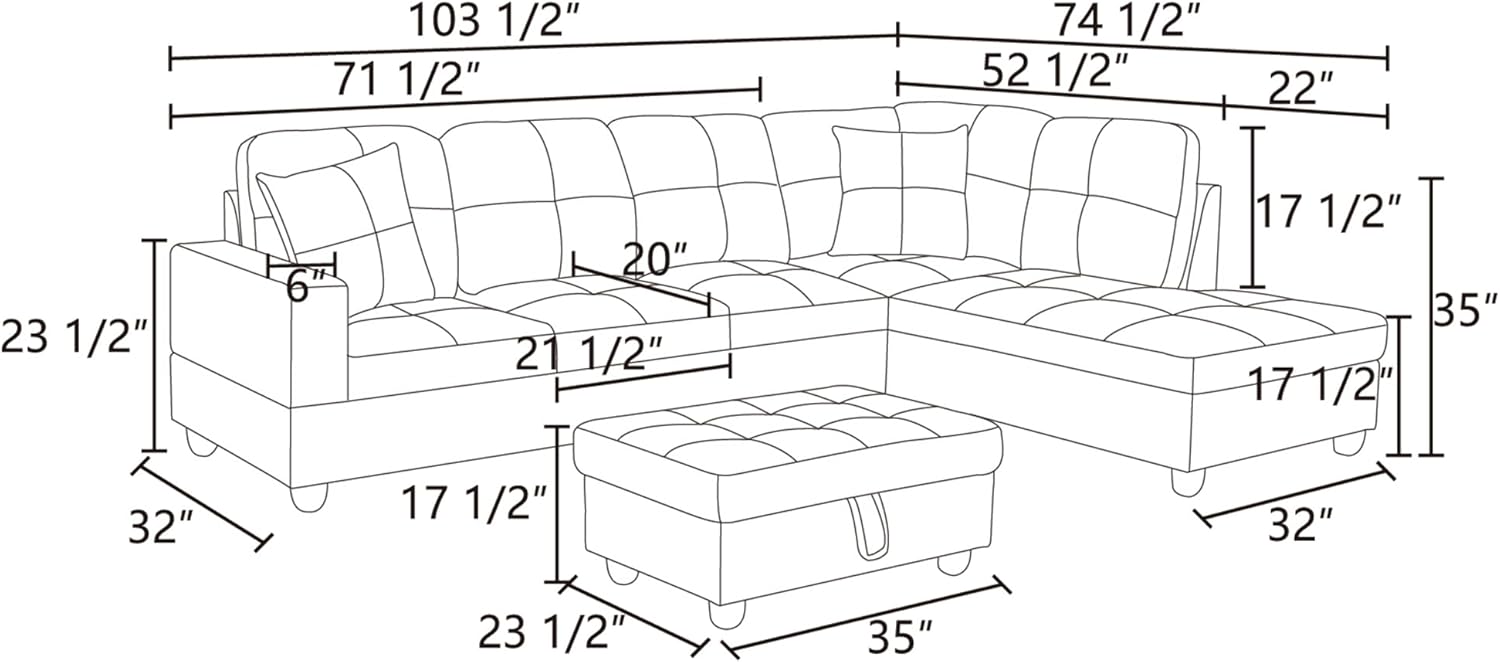 RITSU 3-Piece L Shape Sectional Sofa, with Left Chaise, Storage Ottoman and Button Tufted Backrest, Modern Flannel Living Room Couch Set for Office and Apartment，Off-White, 100.4Inch