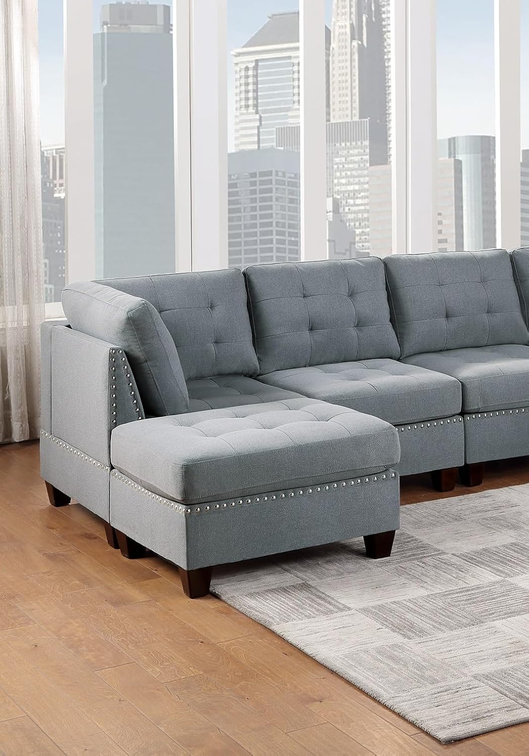 Modular Sectional 6pc Set Living Room Furniture U-Sectional Tufted Nail heads Couch Gray Linen Like Fabric 2X Corner Wedge 2X Armless Chairs and 2X Ottomans
