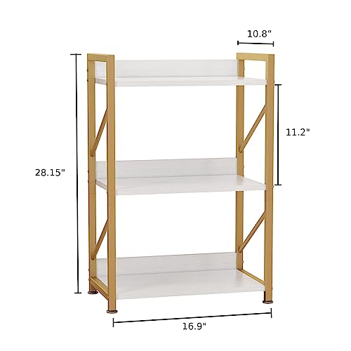 Small Bookshelf for Small Spaces, 3 Tier Bookcase, Narrow Gold Book Shelf, Small Shelf Open Display Rack for Bedroom, Living Room, Home Office,Rustic Brown