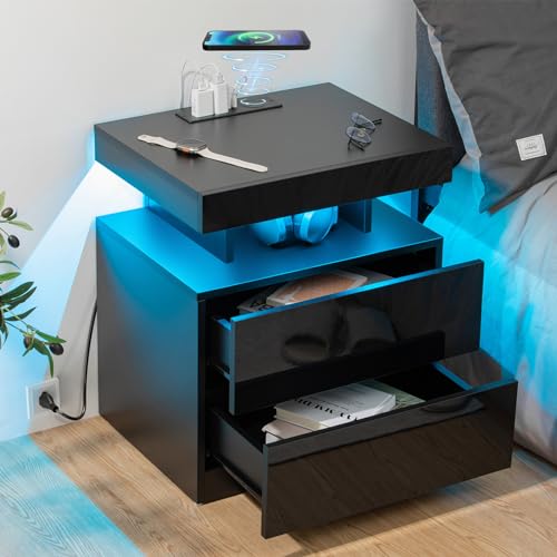 HOMMPA LED Nightstand with Wireless Charging Station & USB Ports High Gloss Bedside Table with LED Light RGB Adjustable Brightness Smart Nightstand 2 Drawers Night Stand for Bedroom Walnut