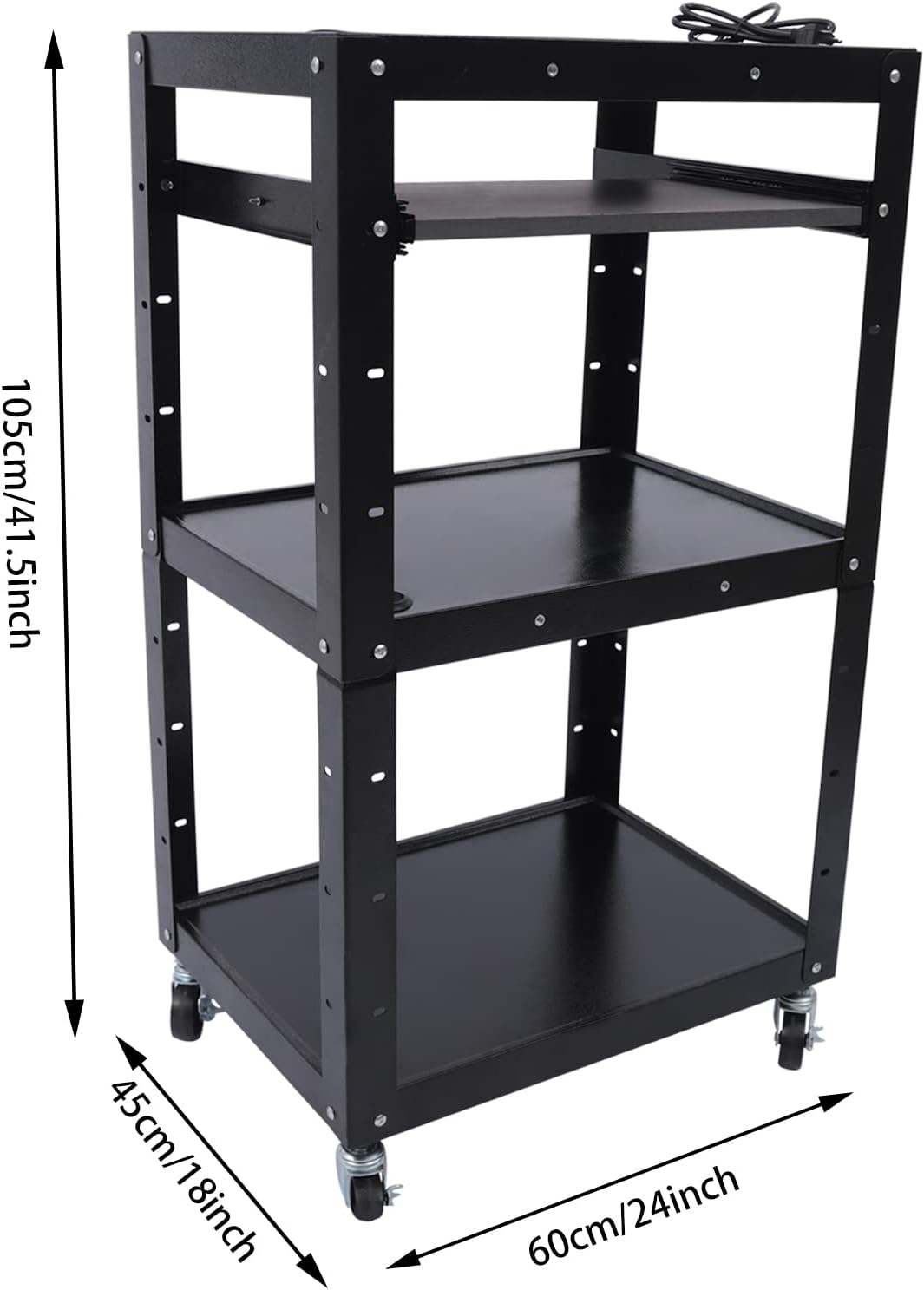 3-Shelf Mobile Utility Cart with Outlets&Cord and Pullout Keyboard Tray, AV Carts & Stands for Offices and School Black