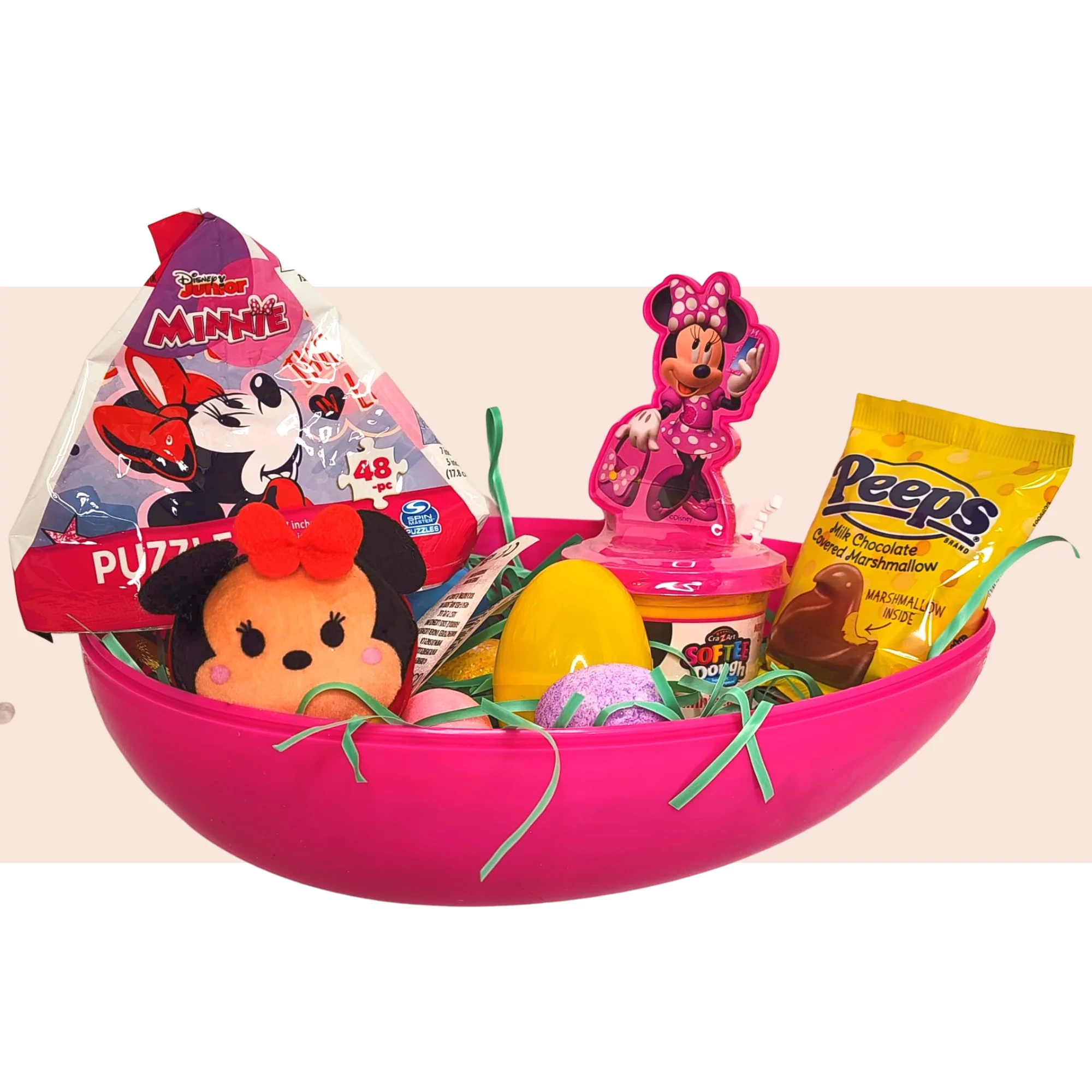 Happy Easter Basket Pre-Filled Surprise Jumbo Egg w/ Minnie Mouse Plush Toy Kiddy Dough Figure Eggs Candies Gift & Reusable Plastic Egg-Shaped Container Kids Spring Party Favor ( Contents May Vary)
