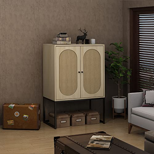 High Cabinet with Built-in Adjustable Shelf, 2 Rattan Doors and Metal Base, Natural 41.3