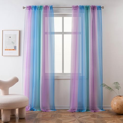 Yancorp Sheer Curtain 2 Panels Semi Bedroom Curtains 63 inches Length Linen Ombre Curtains Rod Pocket Drapes Girls Living Room Mermaid Bedroom Nursery Kids Window Decor(Purple Teal Blue, 52