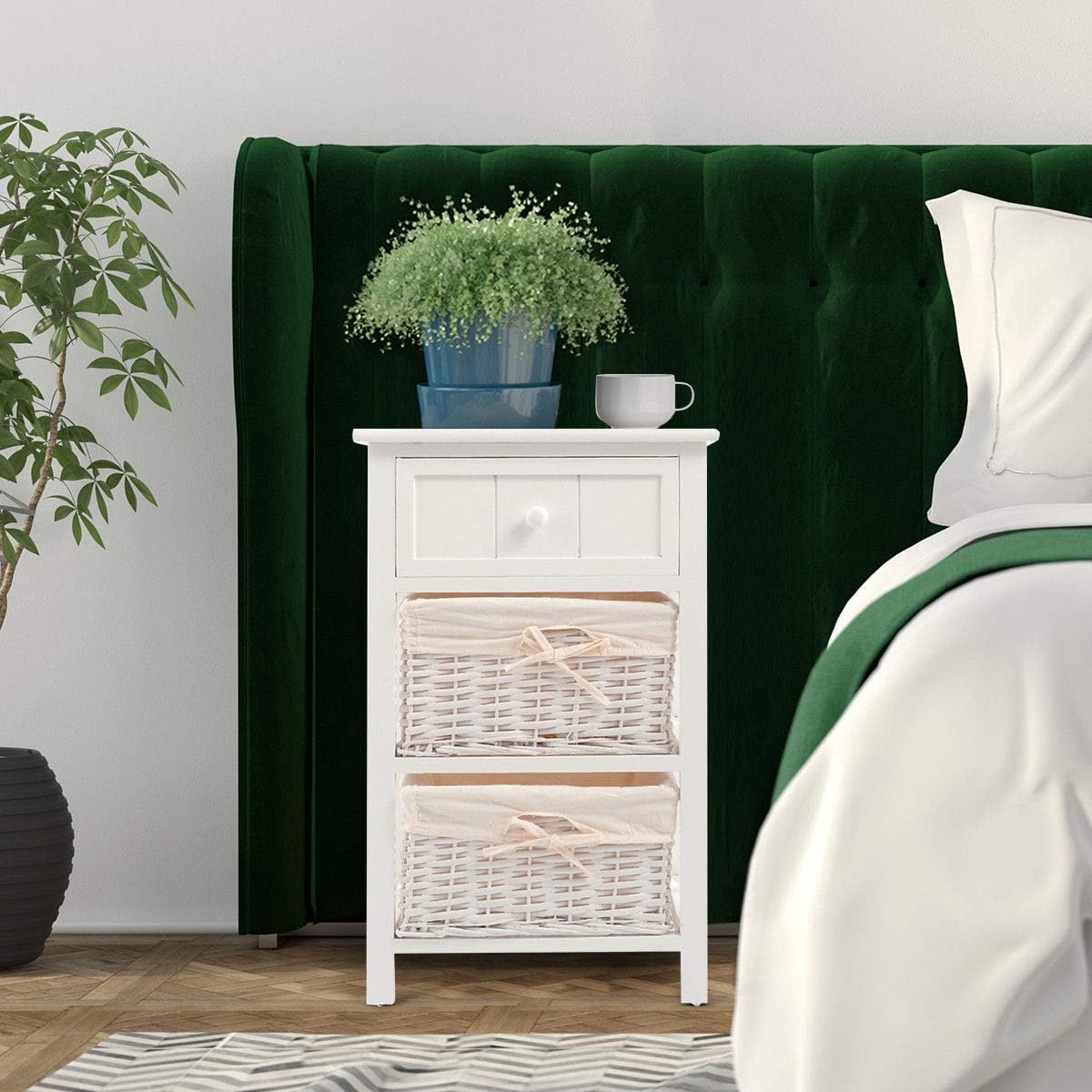 Casart White Wood Night Stand w/Storage Drawer, 2 Baskets and Open Shelf for Bedroom, Bedside Sofa Bedroom End Table Wood Nightstands (2)