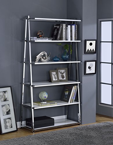 Acme Coleen Leaning Bookcase in White High Gloss and Chrome
