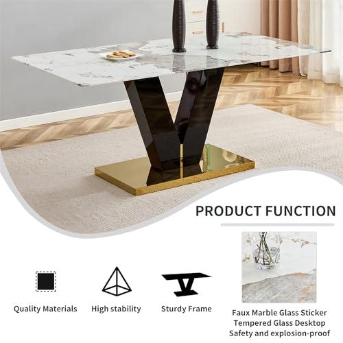 71'' Faux Marble Dining Table and Chair Set for 6, Dining Table Set for 6, Modern Dining Room Table Set for 6 for Living Room Home (Black Gold Table+White B Chairs, 1 Table+6 Chairs)