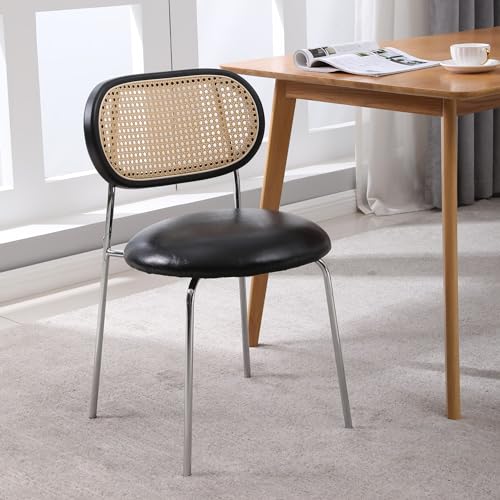 Tufted Upholstered Dining Chair with Silver Metal Legs and Back, PU& Rattan Industrial Side Chair with Leisure and Leveling Feet, Accent Desk Chair for Dining Room Bedroom(Brown Set of 2)