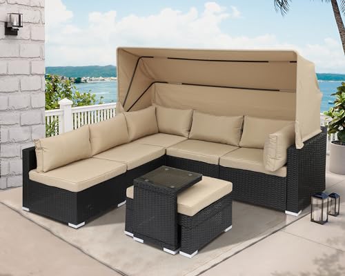 Grepatio Rattan Patio Furniture Set 6 Pieces Outdoor Daybed with Retractable Canopy Wicker Sectional Sofa Set Day Bed with Adjustable Backrest and Cushions Storage Table (6 Pieces Grey)