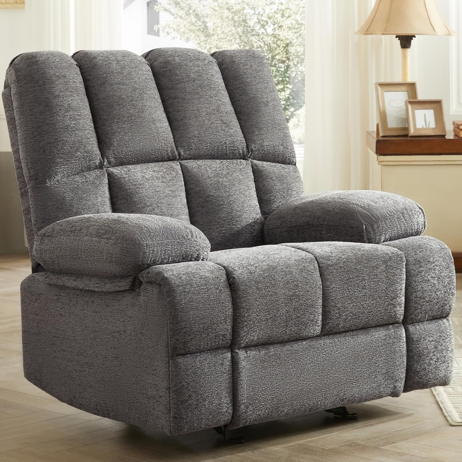 Oversize Rocker Adults, Extra Wide Manual Recliner, Comfortable Velvet Rocking Chair with Pillow Top Arms & Cushion Back Limestone, Grey