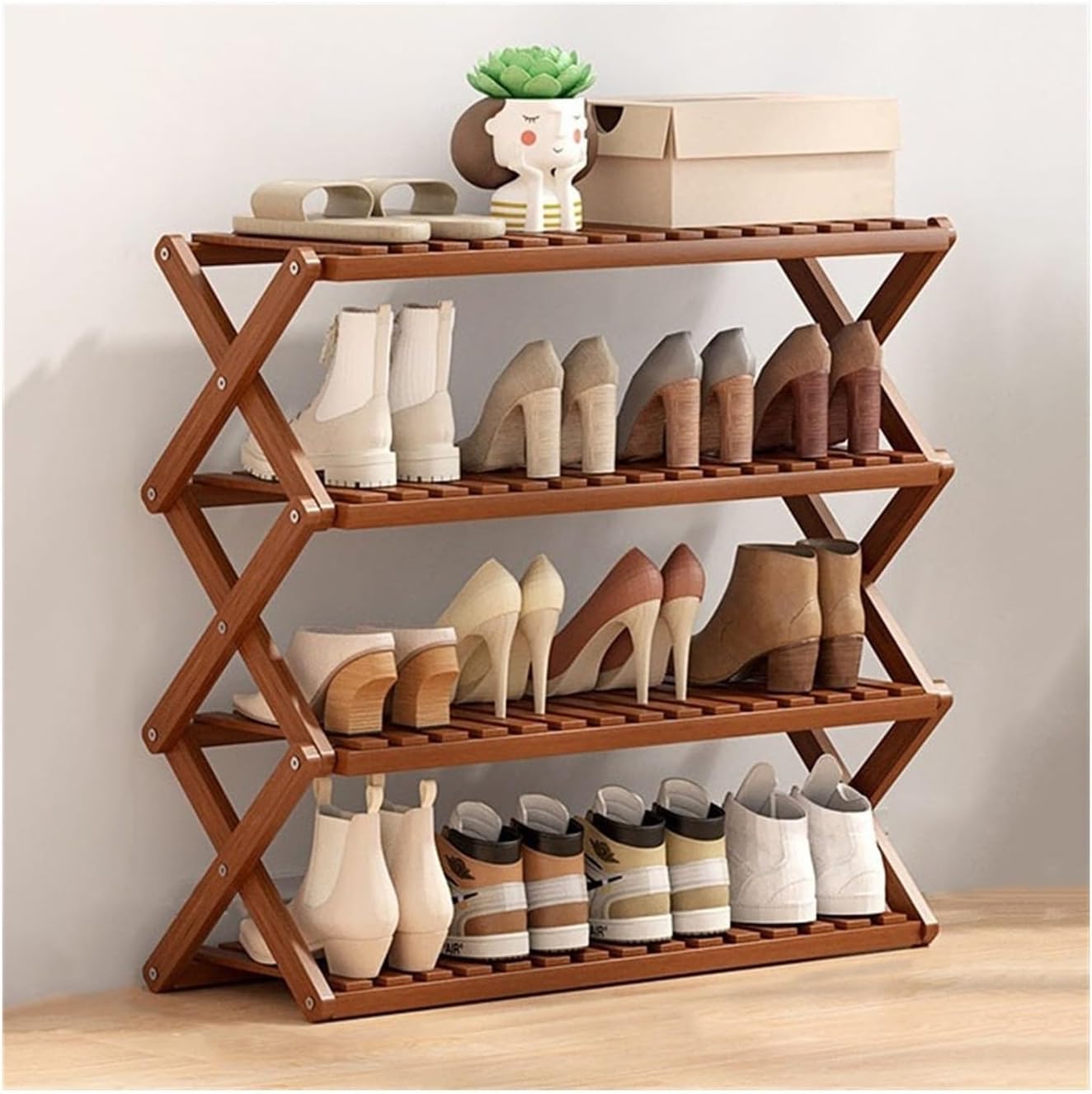 Shoe Cabinet Foldable, Narrow Bamboo Shoe Organizer with X-shape Cross Structure, Free Standing Shoe Storage Shelf for Hallway Entryway Bedroom for Front Door Entrance
