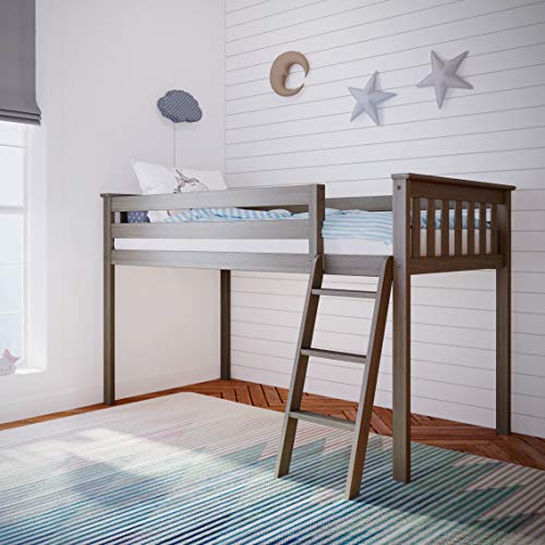 Max & Lily Low Loft Bed, Twin Bed Frame for Kids, Clay & Cotton Underbed Curtains, Blue & White