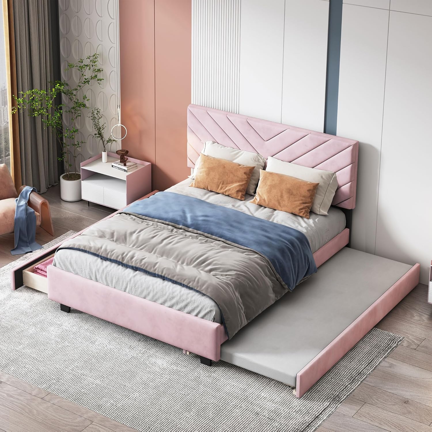 Queen Size Bed Frame with Trundle and 2 Storage Drawers, Queen Flannel Upholstered Platform Bed with Twill Headboard, Wooden Slat Support, Pink