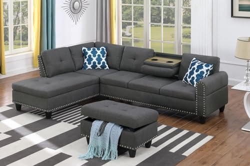 Couch with Ottoman L Shaped Sectional Sofa Set w/Chaise for Living Room, Pearl White Right