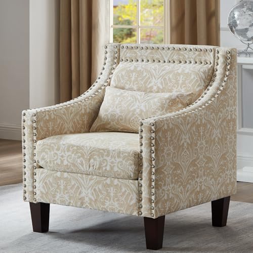 Mid Century Modern Floral Accent Chair, Beige Living Room Chair with Wooden Legs, Patterned Corner Chair with Arm, Side Chairs for Bedroom, Office, Rivet Decorative Armchair with Lumbar Pillow