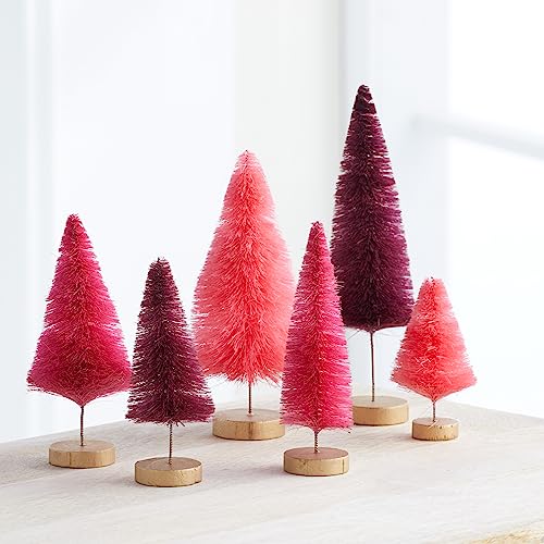 Bottle Brush Trees set of 6 classic hand-dyed, traditional red and green Christmas home decor, winter mantel decor, sized for home office bookshelf, shelf sitter (Set of 6 Classic)