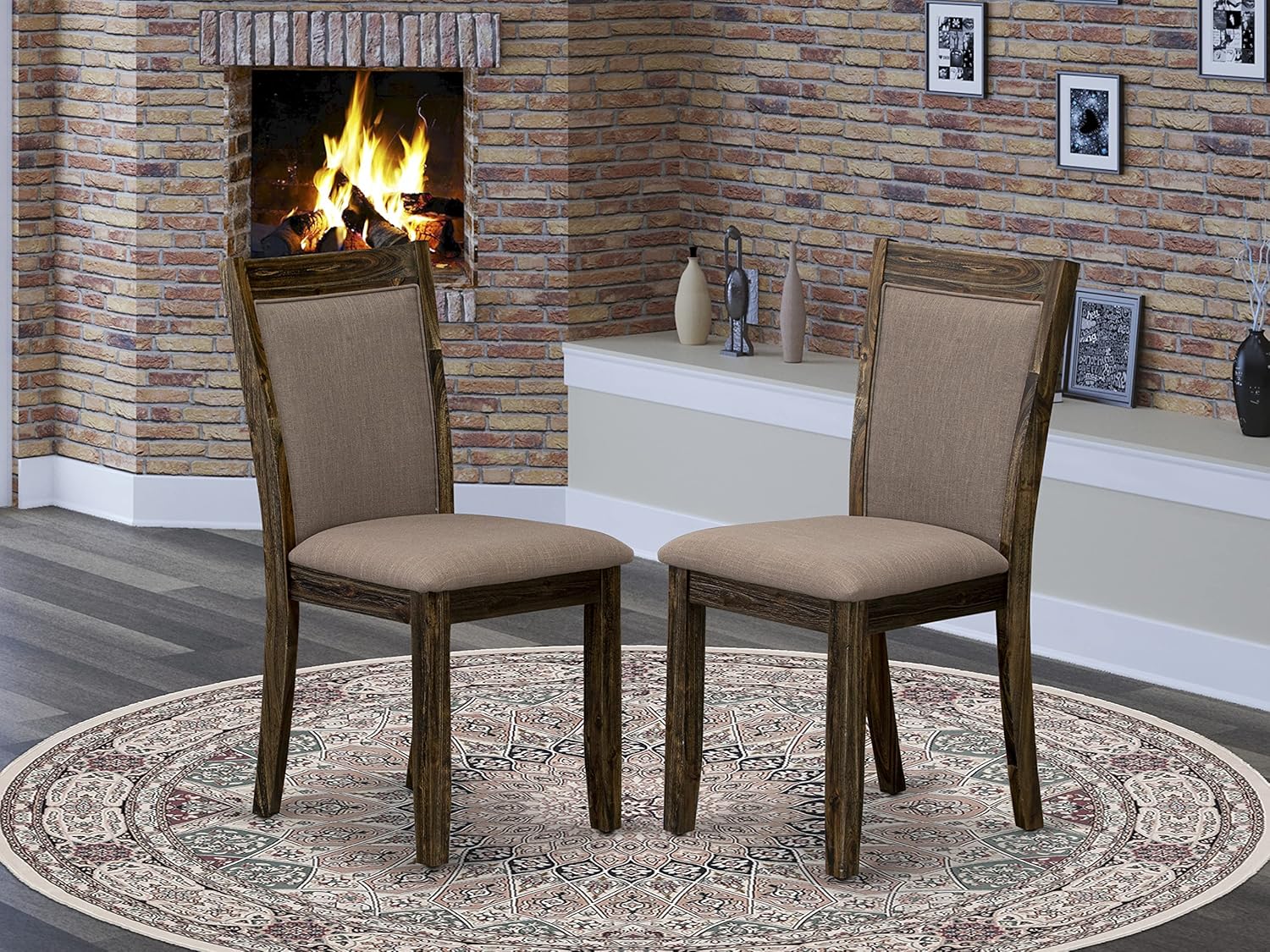 East West Furniture Monza Parson Dining Coffee Linen Fabric Padded Chairs, Set of 2, Distressed Jacobean
