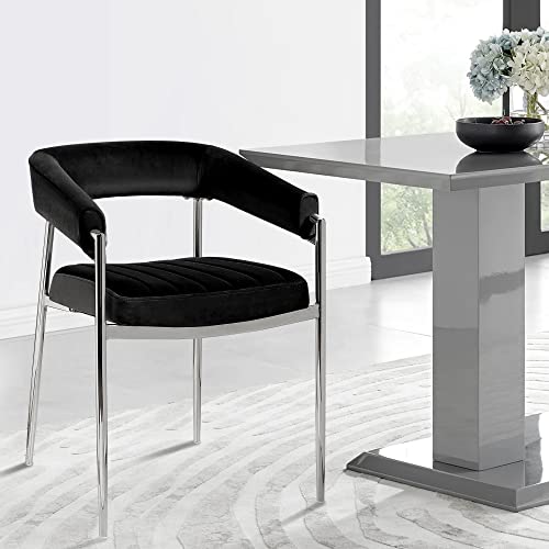 Dining Chairs Set of 2 Kitchen Dining Room Chairs with Arms and U-shape Backrest, Mid Century Modern Living Room Accent Chair, Velvet Upholstered Kitchen Chairs with Metal Chrome Legs, Black