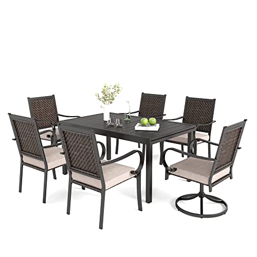 Outdoor Patio Dining Set 9 Pcs, Patio Dining Table Chair Set, 8 Rattan Chairs with Cushions and 1 Metal Rectangular Dining Table (Expandable), for Lawn, Garden, Yards, Poolside