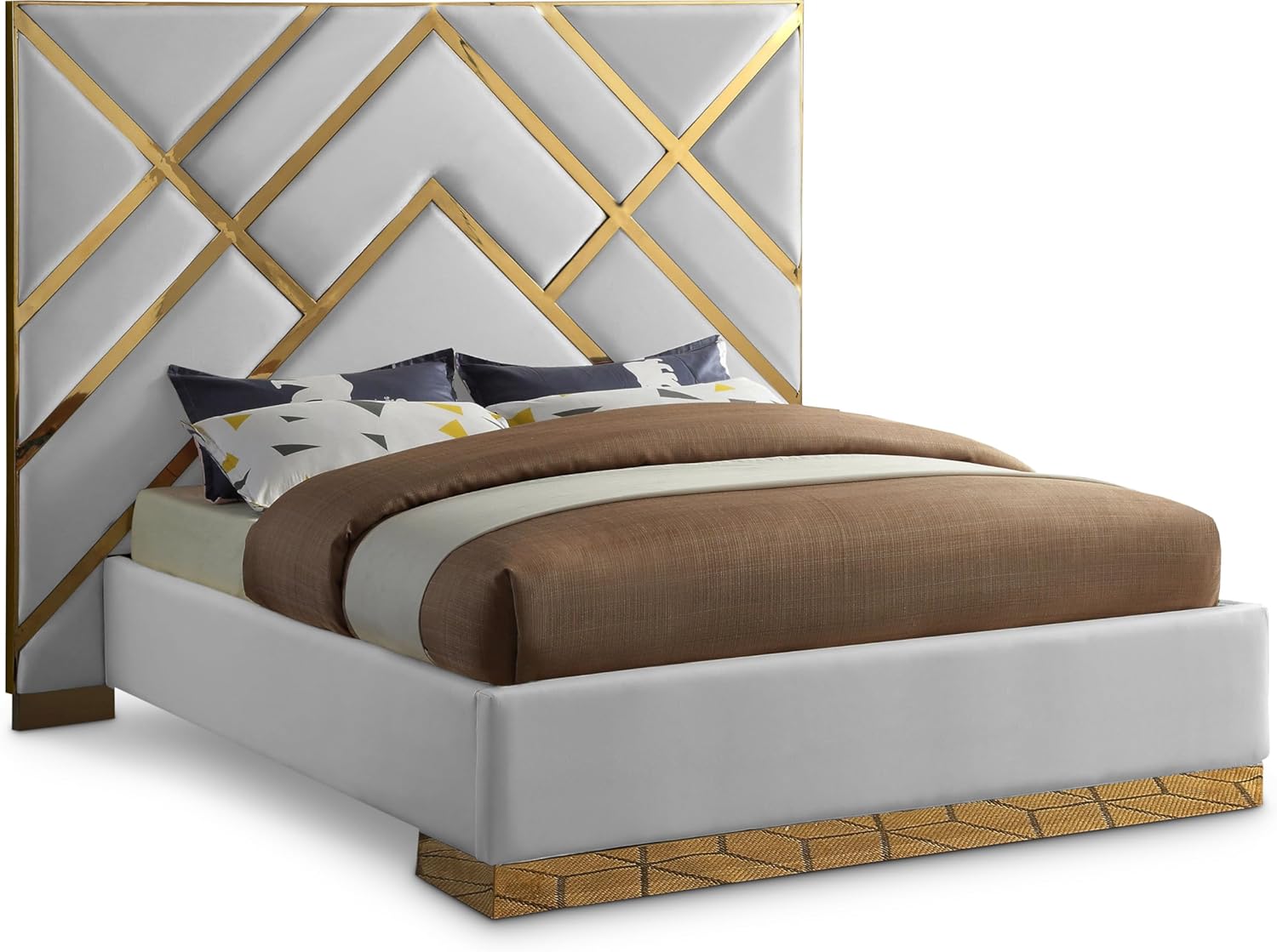 Meridian Furniture VectorWhite-K Vector Collection Modern | Contemporary Vegan Leather Upholstered Bed, Custom Gold Metal Base and Polished Gold Metal Design, 97.5