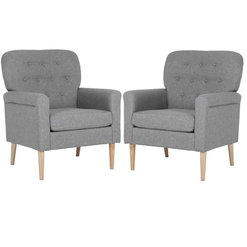 Fabric Accent Chair Set of 2, Mid Century Modern Armchair, Comfy Sofa Chair with Wooden Legs, for Living Room, Bedroom, Office, Reception Room(Grey)