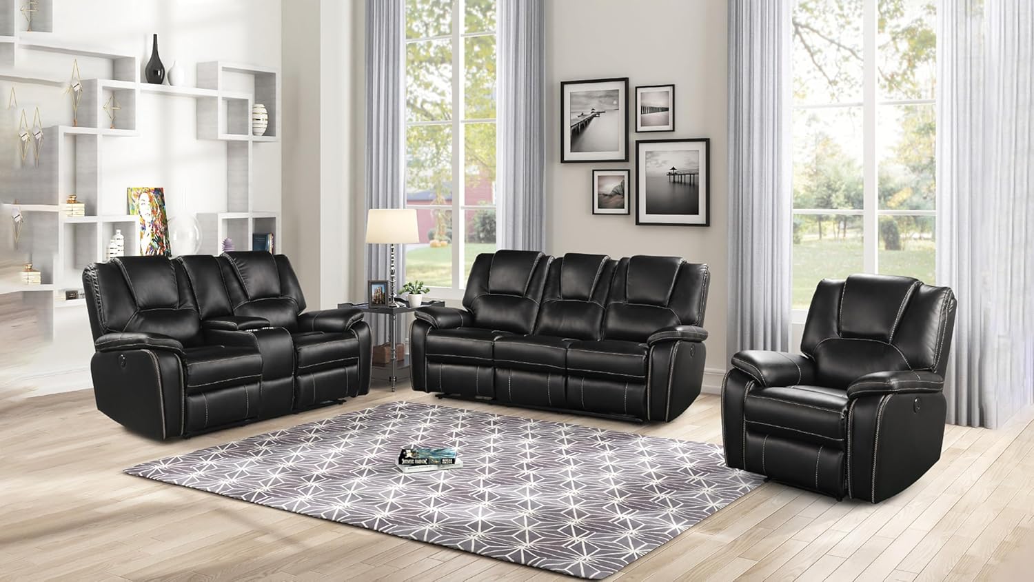 Hong Kong Transitional Style Power Reclining 3 Pc Living Room Set(Includes:Sofa,Loveseat&Chair) with USB Charger Port Made with Wood in Black