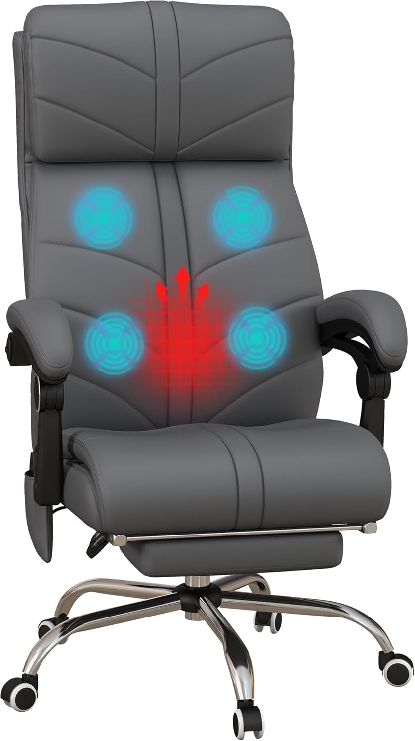 Executive Massage Office Chair with 4 Vibration, Computer Desk Chair, PU Leather Heated Reclining Chair with Adjustable Height, Swivel Wheels, Gray