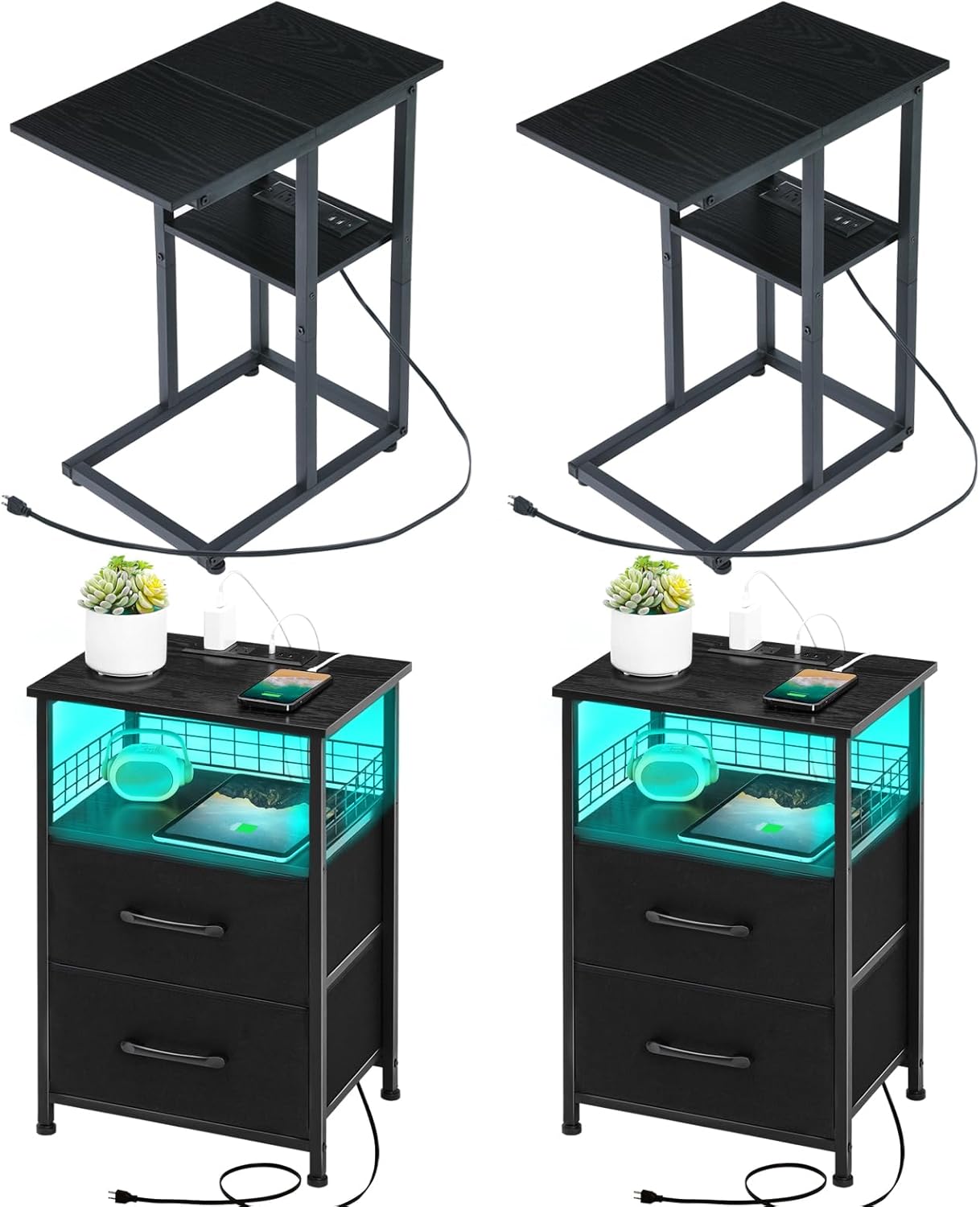 Nightstands Set of 2 with Charging Station, Night Stand with 20 Colors LED Lights and Drawer, Side Table with Charging Station Set of 2 - Small C Table Narrow End Table