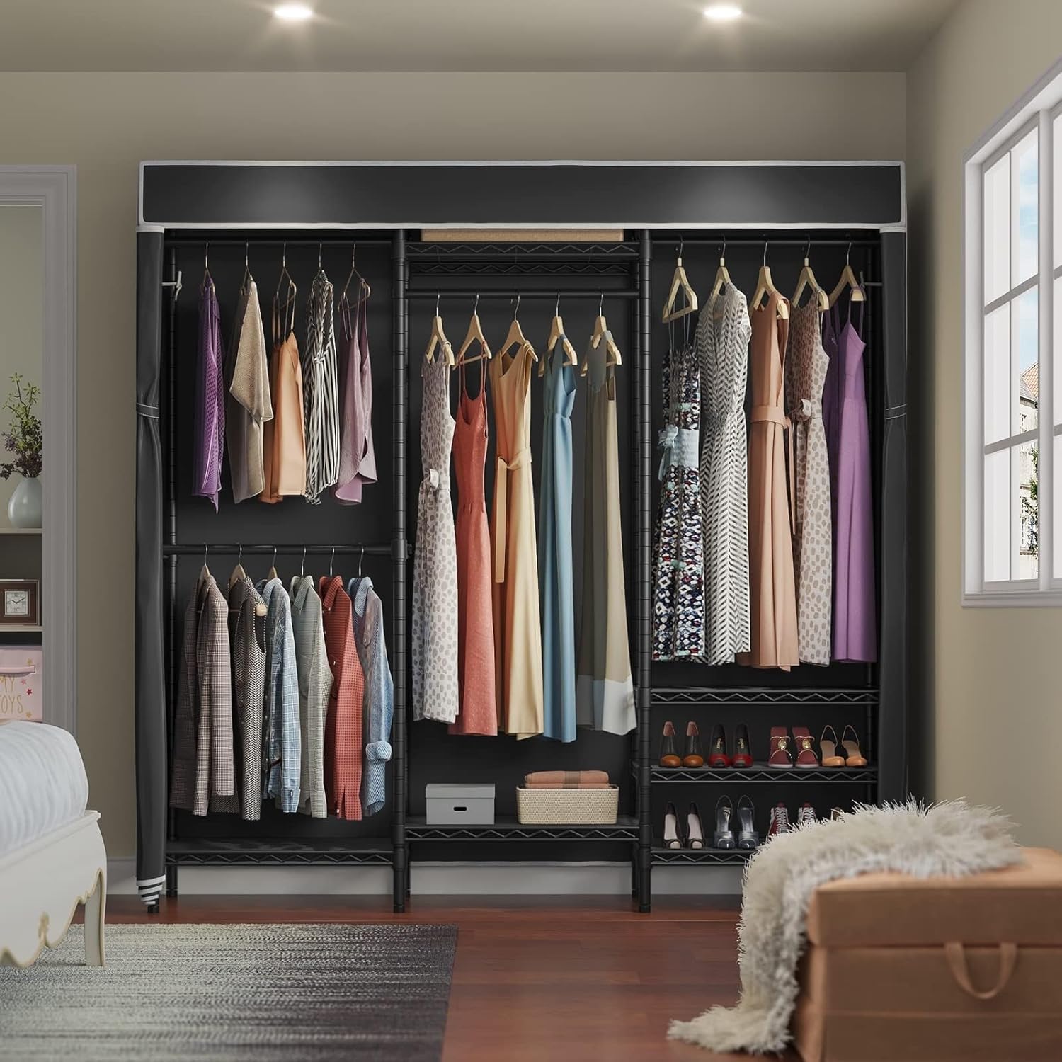 Heavy Duty Covered Clothes Rack Portable Bedroom Metal Clothing with Cover Adjustable Custom Freestanding Wardrobe Black Modern Contemporary Wood Oak Finish