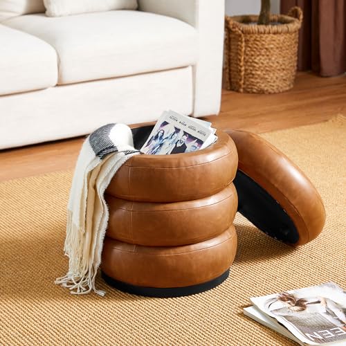 glitzhome 19.5”H Modern Storage Ottoman, Leatherette Accent Footrest Ottoman, Upholstered Round Vanity Foot Stool with Removable Lid for Couch, Sofa, Makeup Room, Bedroom, Living Room, Dorm, Black